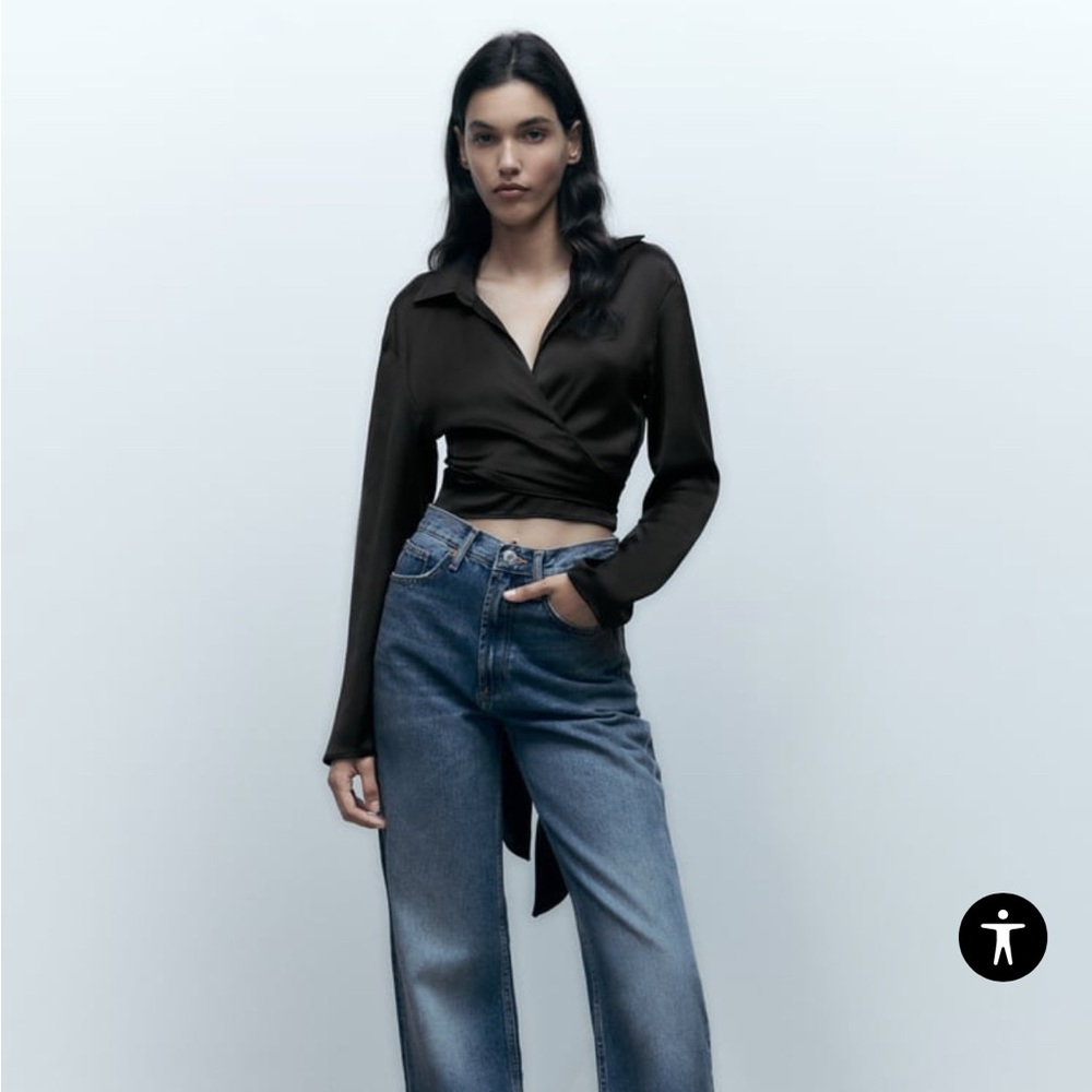 Zara Black Wrap Crop Long-Sleeve Shirt